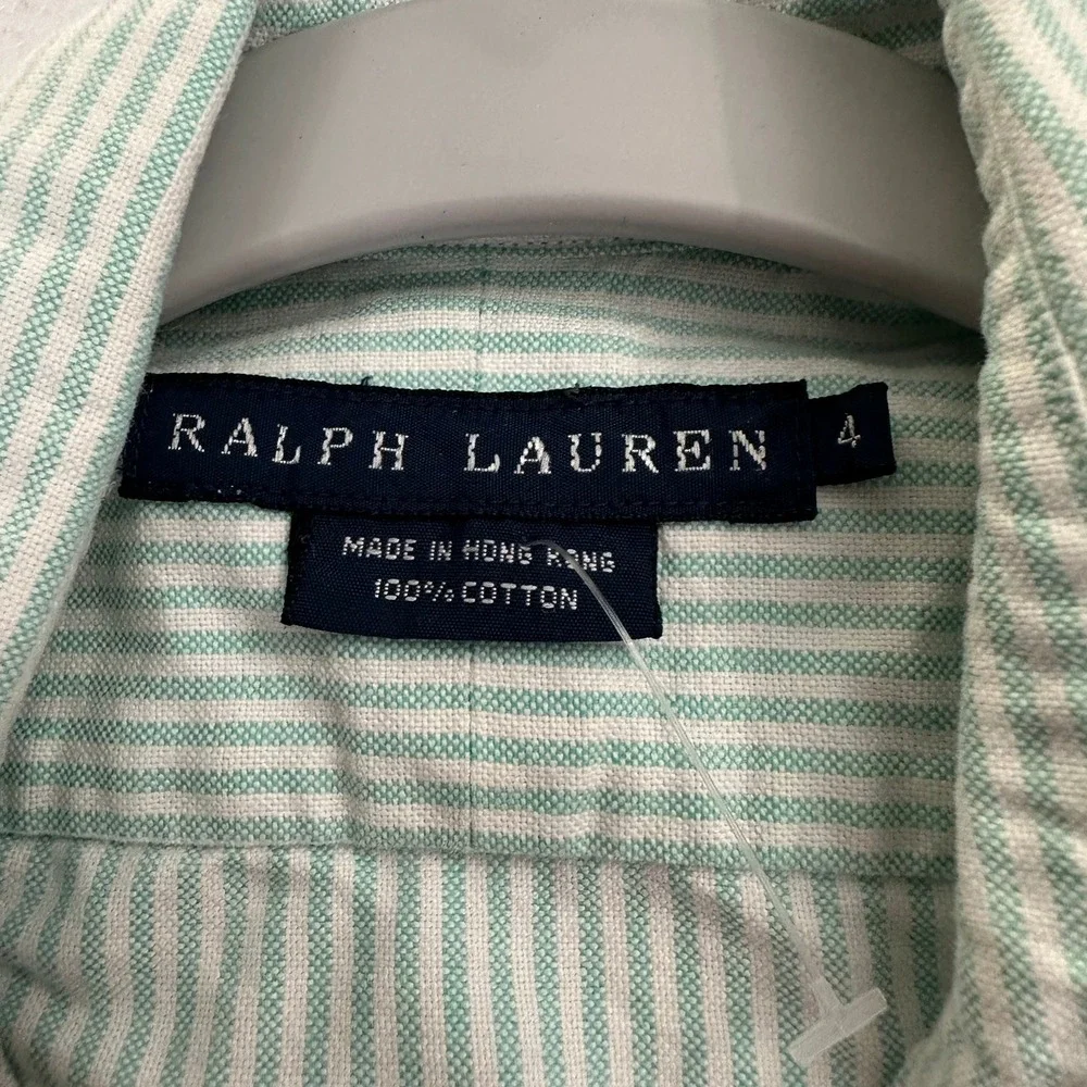 Ralph Lauren Kid Prepppy Green White Striped Short Sleeve Button Down Shirt Sz 4